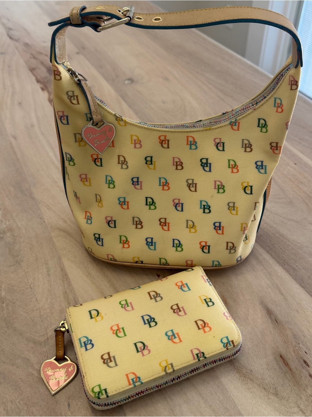 Vintage 90s Y2K Dooney & Bourke Rainbow Cream Bucket Bag Wallet Set Heart